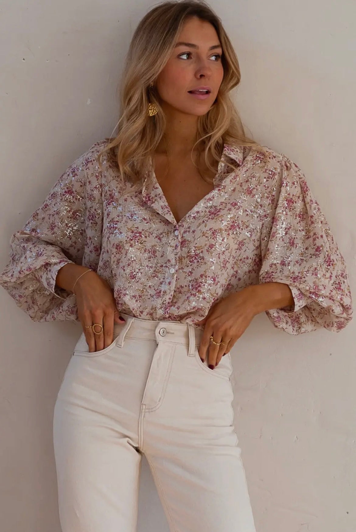 Bishop Sleeve Collared V
Neck Floral Shirt