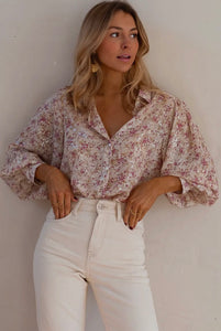 Bishop Sleeve Collared V
Neck Floral Shirt