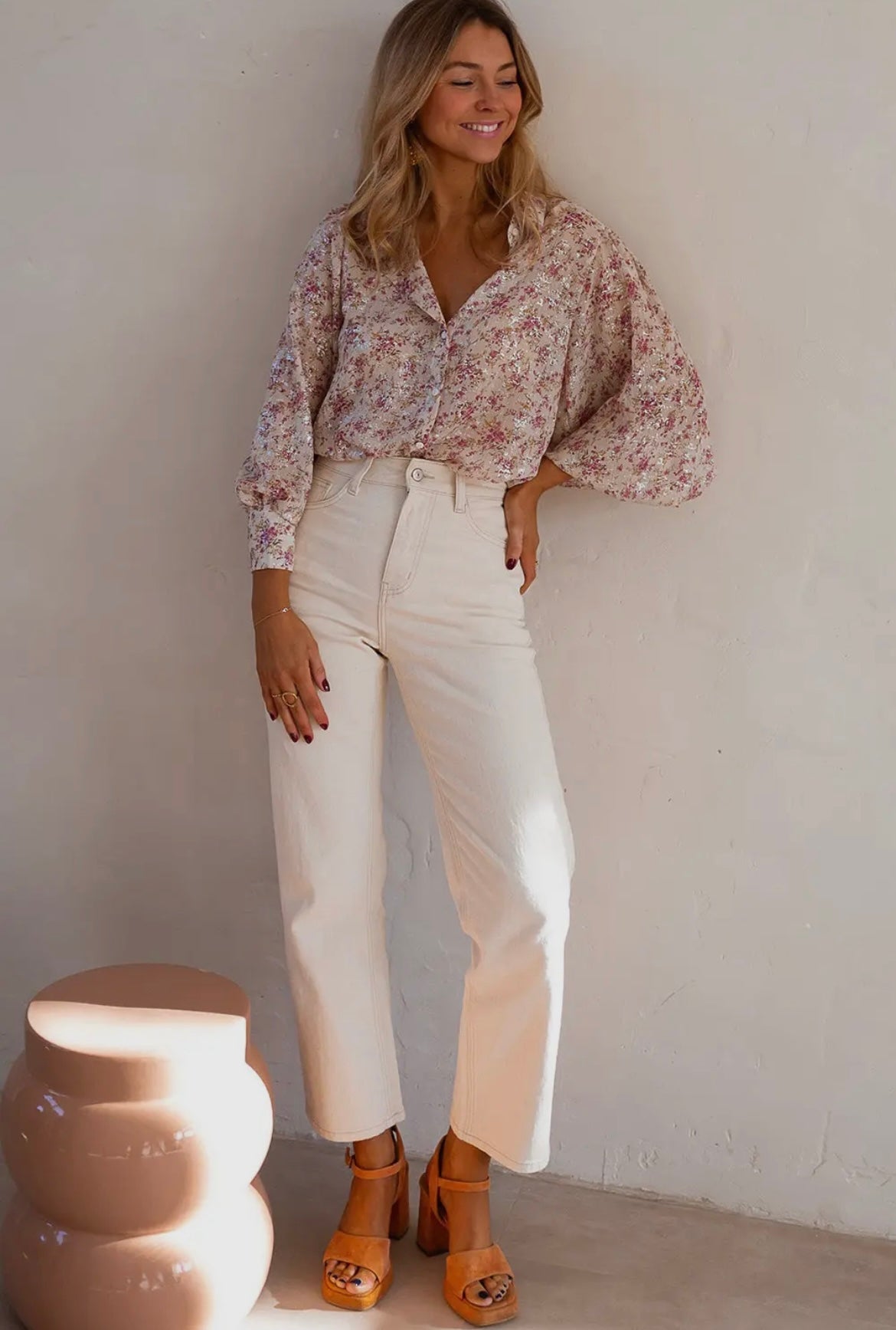 Bishop Sleeve Collared V
Neck Floral Shirt