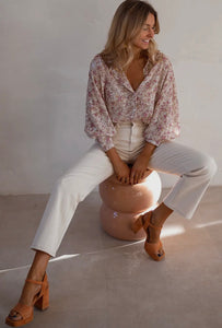 Bishop Sleeve Collared V
Neck Floral Shirt