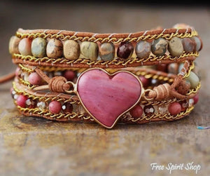 Rhodonite & Jasper Heart Wrap Bracelet, Boho Beaded Strap