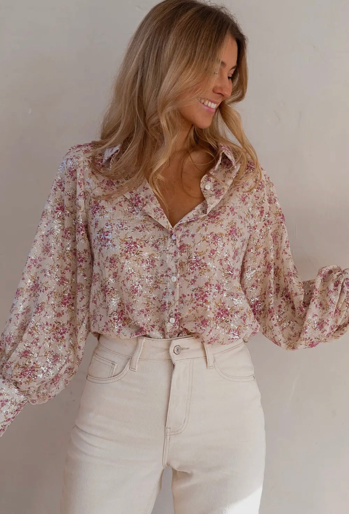 Bishop Sleeve Collared V
Neck Floral Shirt