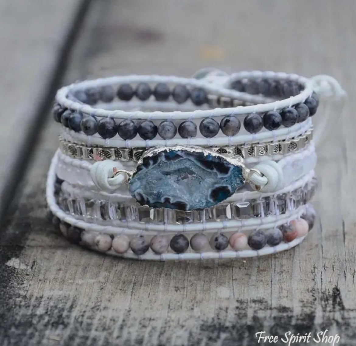 Natural Labradorite, White Jade &
Druzy Stone Leather Wrap