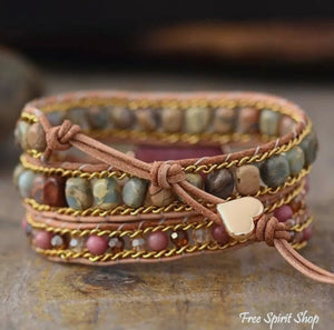 Rhodonite & Jasper Heart Wrap Bracelet, Boho Beaded Strap