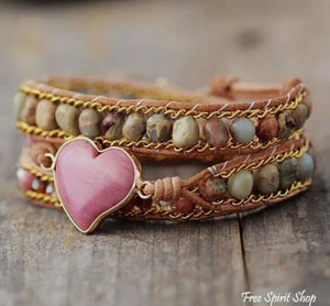 Rhodonite & Jasper Heart Wrap Bracelet, Boho Beaded Strap