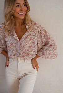Bishop Sleeve Collared V
Neck Floral Shirt