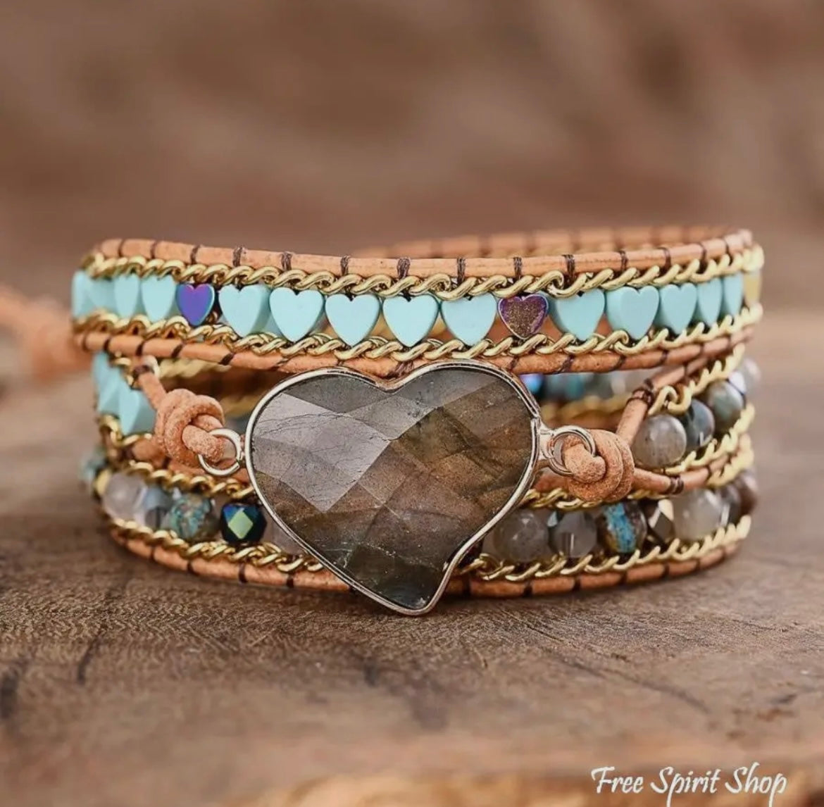 Labradorite Heart Beaded
Wrap Bracelet