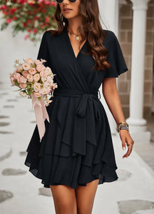 Tiered Short Sleeve Belted Dress