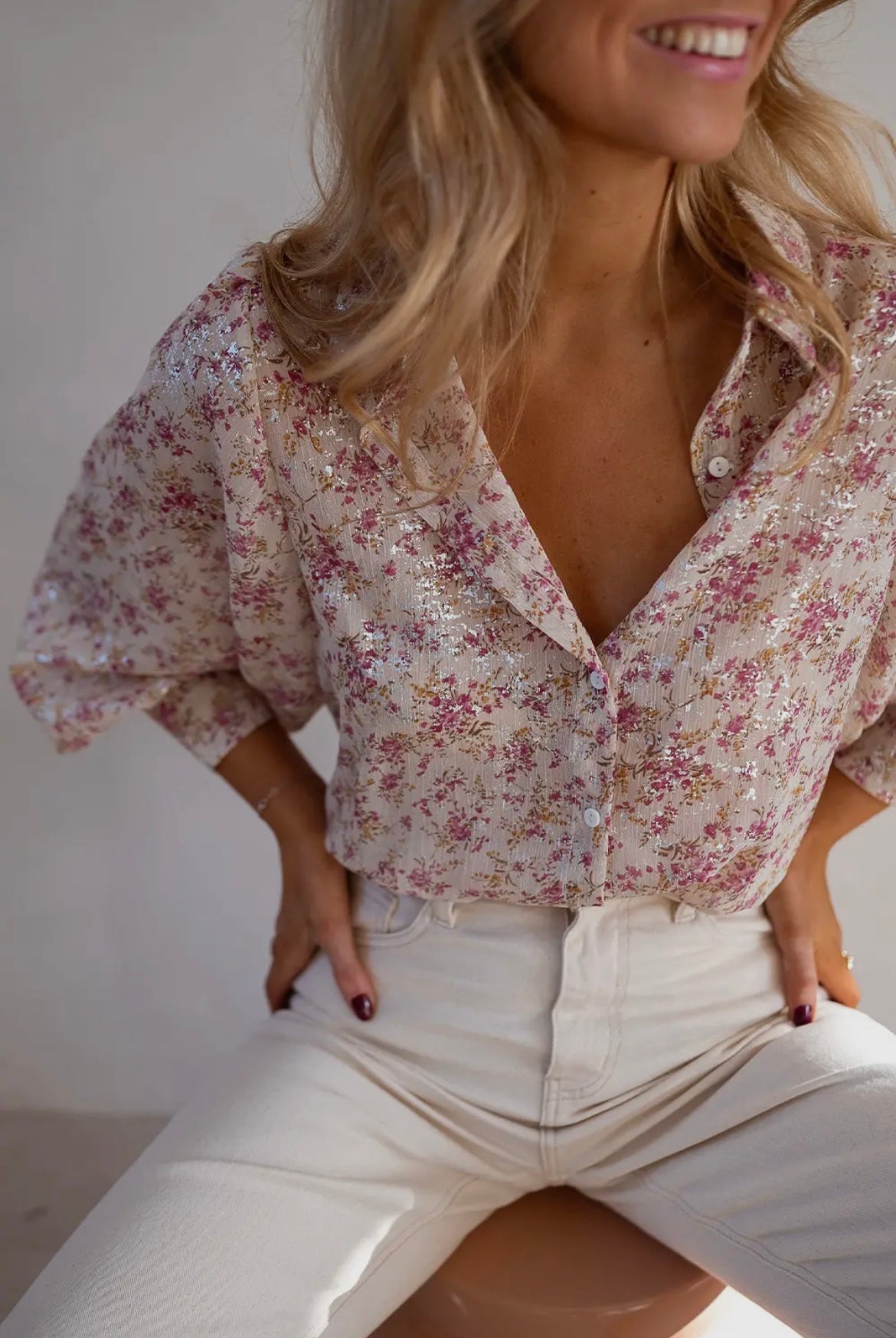 Bishop Sleeve Collared V
Neck Floral Shirt