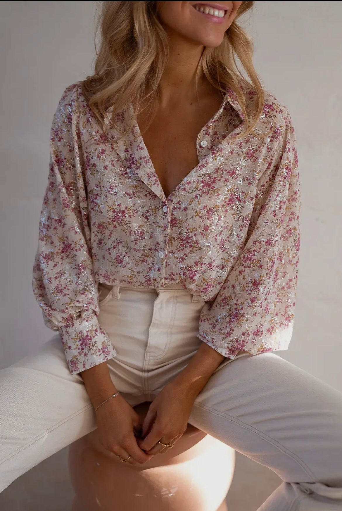 Bishop Sleeve Collared V
Neck Floral Shirt