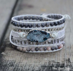 Natural Labradorite, White Jade &
Druzy Stone Leather Wrap