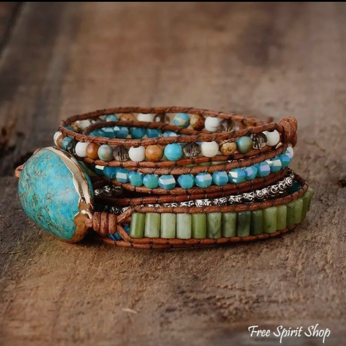 Natural Turquoise Jasper Punk Wrap
Beaded Bracelet