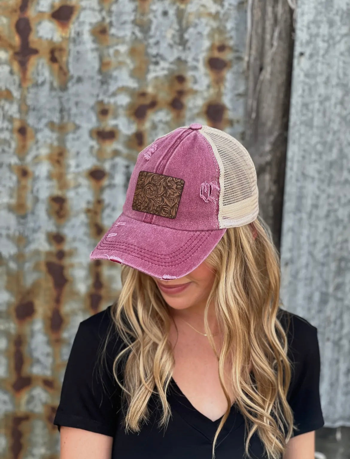 Tooled leather patch pony cap