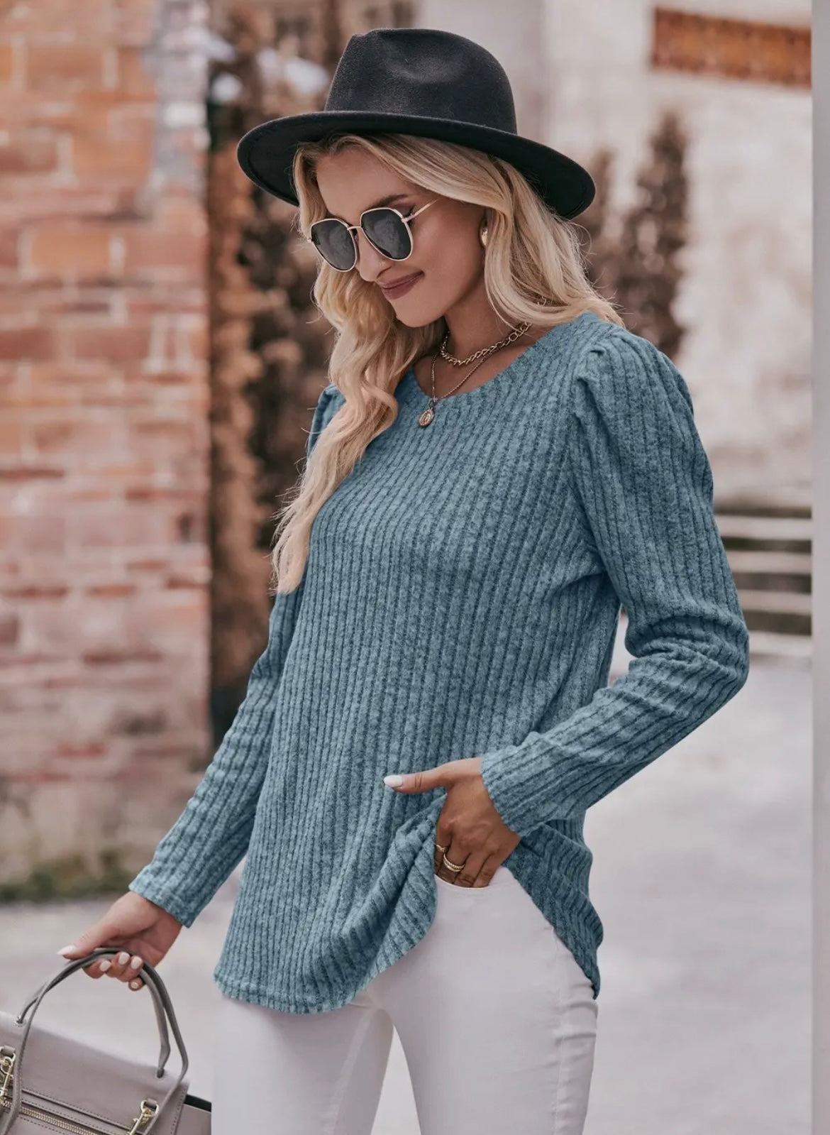 Rib knit puff sleeves top