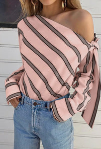 Striped asymmetrical shoulder blouse