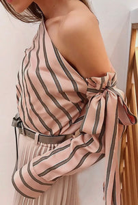 Striped asymmetrical shoulder blouse