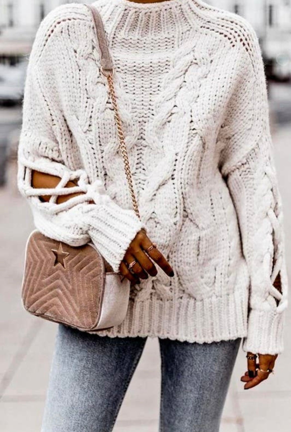 High neck cable knit sweater