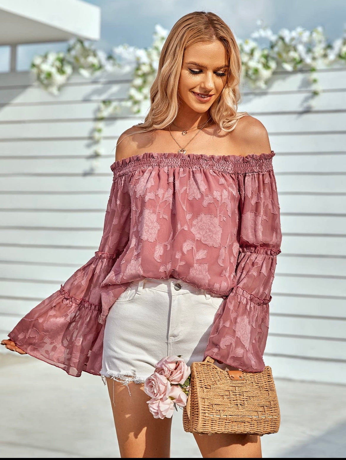 Off the shoulder floral inlay top